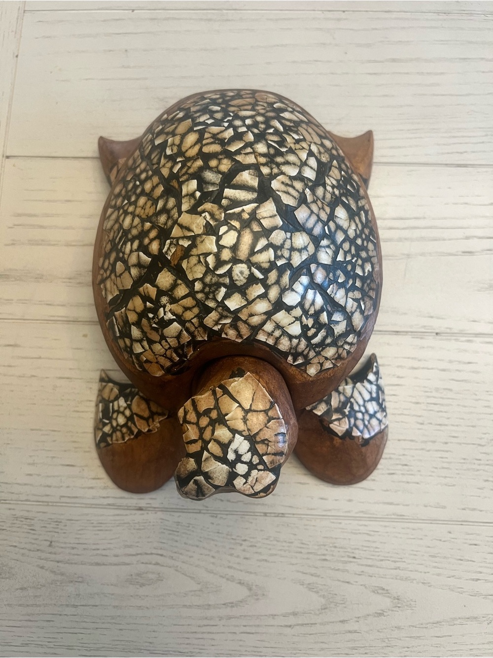 Handcrafted Wooden Turtle Accent Figurine with Mosaic Pattern Shell -8”x6”